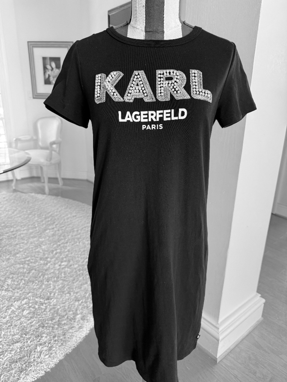 Karl Lagerfeld Paris Black T-Shirt Dress Pearl Embellished Size XS